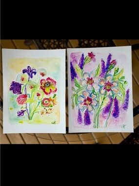 Set of 2 Hand-Painted original one of a kind Floral Watercolor Pieces